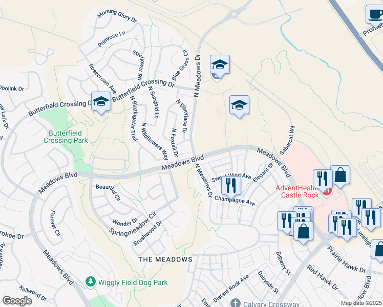 map of restaurants, bars, coffee shops, grocery stores, and more near 3169 West Calypso Court in Castle Rock