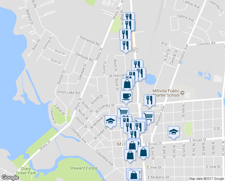 map of restaurants, bars, coffee shops, grocery stores, and more near 1020 Buck Street in Millville