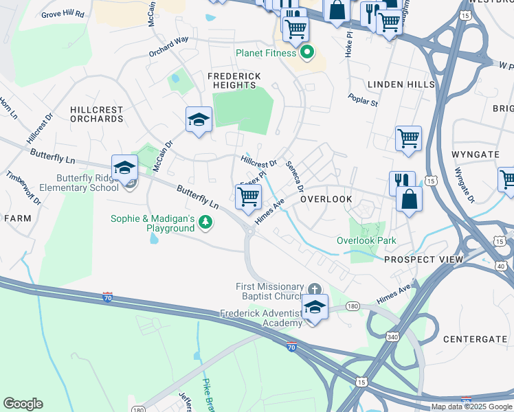 map of restaurants, bars, coffee shops, grocery stores, and more near 619 Himes Avenue in Frederick