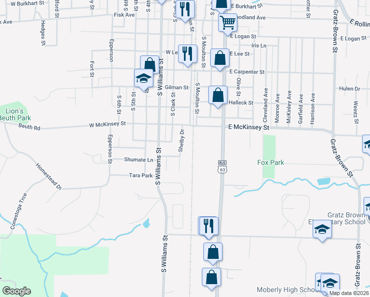 map of restaurants, bars, coffee shops, grocery stores, and more near 1006 Shelby Drive in Moberly