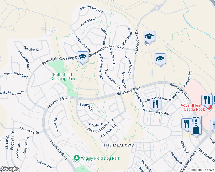map of restaurants, bars, coffee shops, grocery stores, and more near 4621 North Blazingstar Trail in Castle Rock