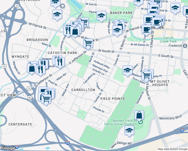 map of restaurants, bars, coffee shops, grocery stores, and more near 444 Carrollton Drive in Frederick