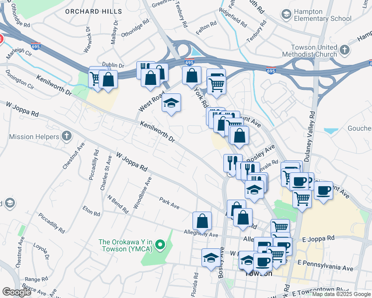map of restaurants, bars, coffee shops, grocery stores, and more near Kenilworth Drive & Camberley Circle in Towson