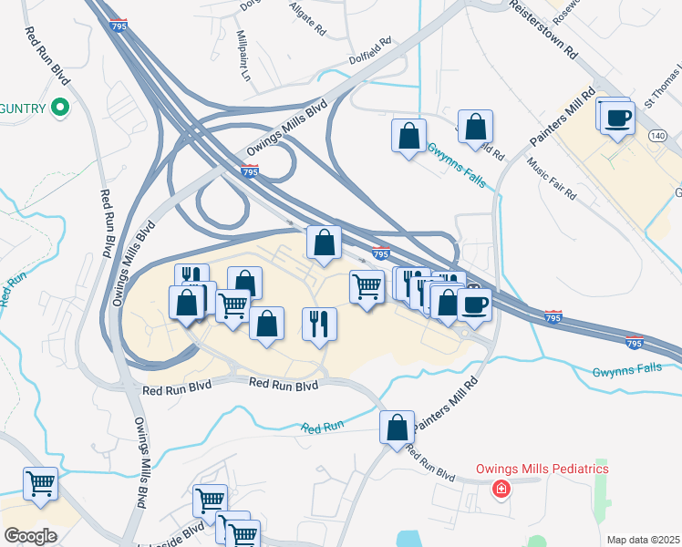 map of restaurants, bars, coffee shops, grocery stores, and more near Messina Way in Owings Mills