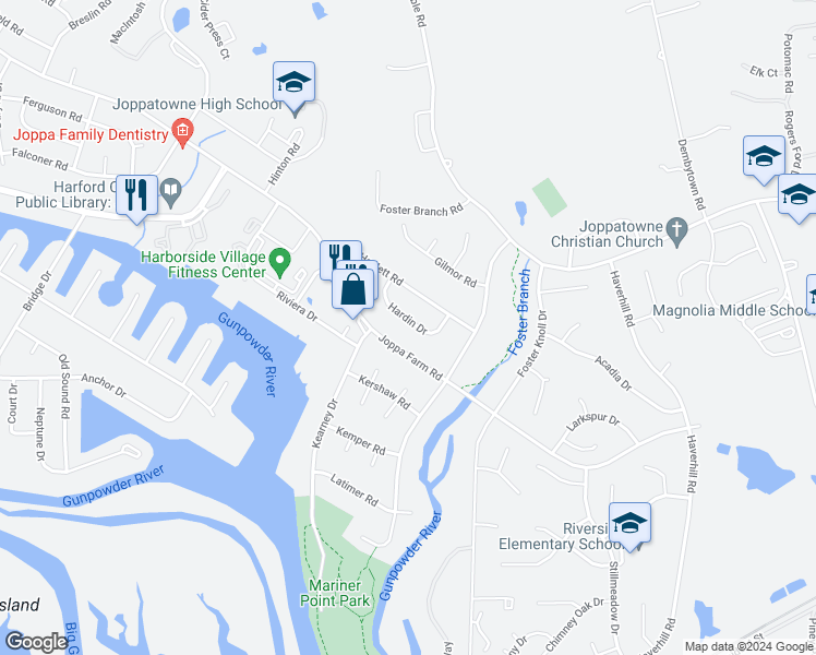 map of restaurants, bars, coffee shops, grocery stores, and more near 416 Hardin Drive in Harford County