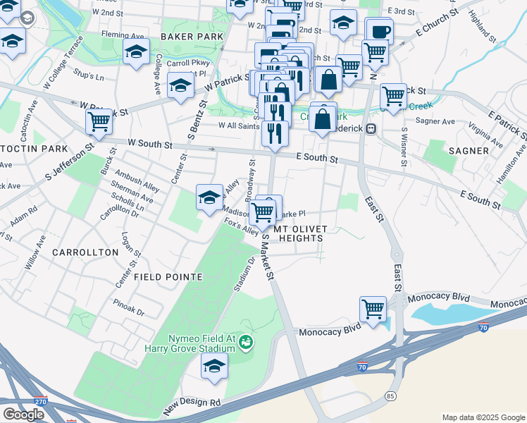 map of restaurants, bars, coffee shops, grocery stores, and more near 401 South Market Street in Frederick