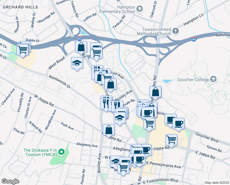 map of restaurants, bars, coffee shops, grocery stores, and more near 918 Radcliffe Road in Towson