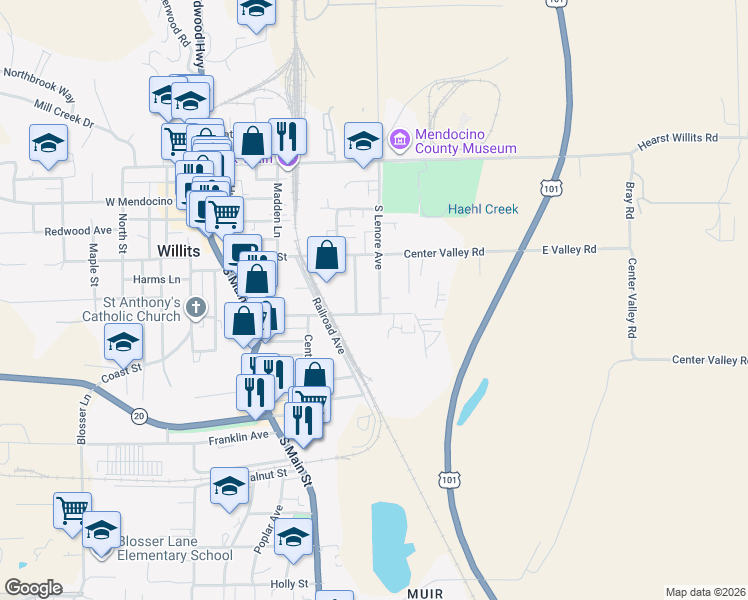 map of restaurants, bars, coffee shops, grocery stores, and more near 372 South Lenore Avenue in Willits