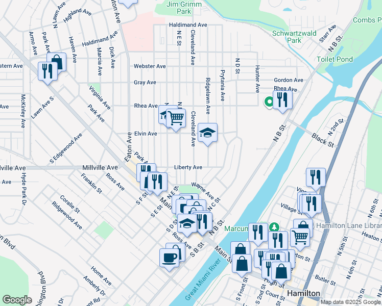 map of restaurants, bars, coffee shops, grocery stores, and more near 369 Cleveland Avenue in Hamilton