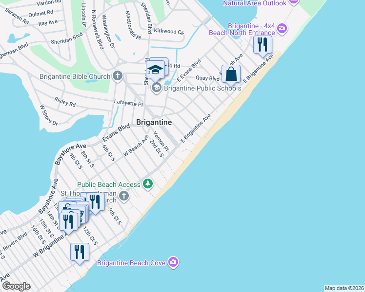 map of restaurants, bars, coffee shops, grocery stores, and more near 104 East Brigantine Avenue in Brigantine
