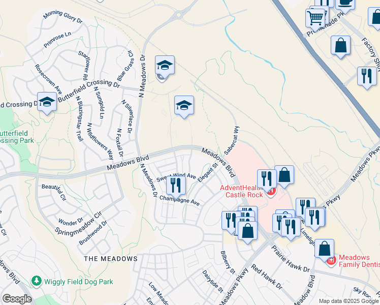 map of restaurants, bars, coffee shops, grocery stores, and more near 2586 Meadows Boulevard in Castle Rock