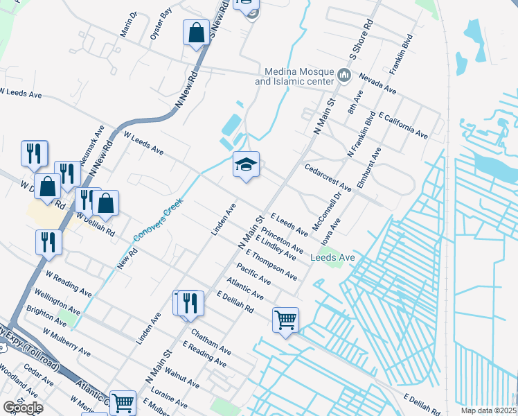 map of restaurants, bars, coffee shops, grocery stores, and more near 1100 North Main Street in Pleasantville
