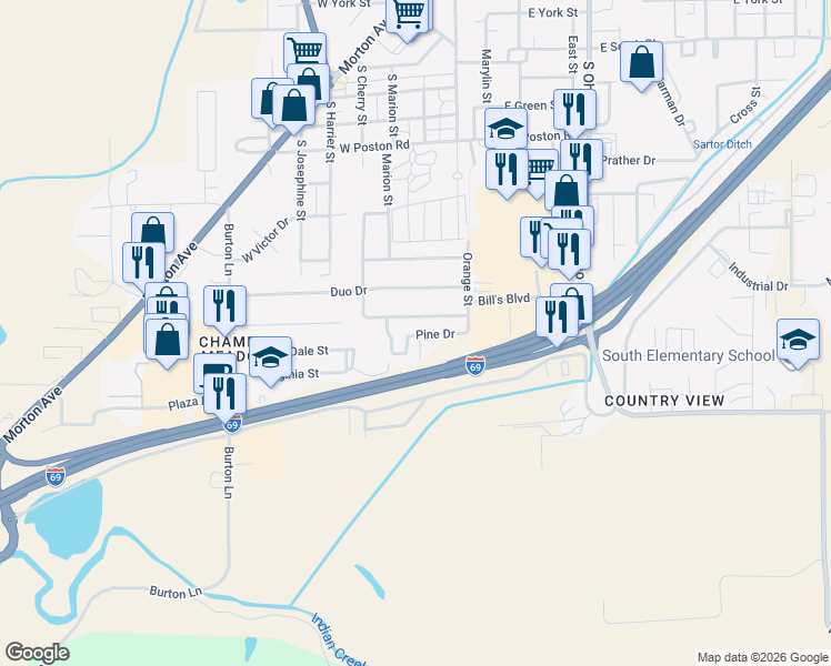 map of restaurants, bars, coffee shops, grocery stores, and more near 27 Pine Drive in Martinsville