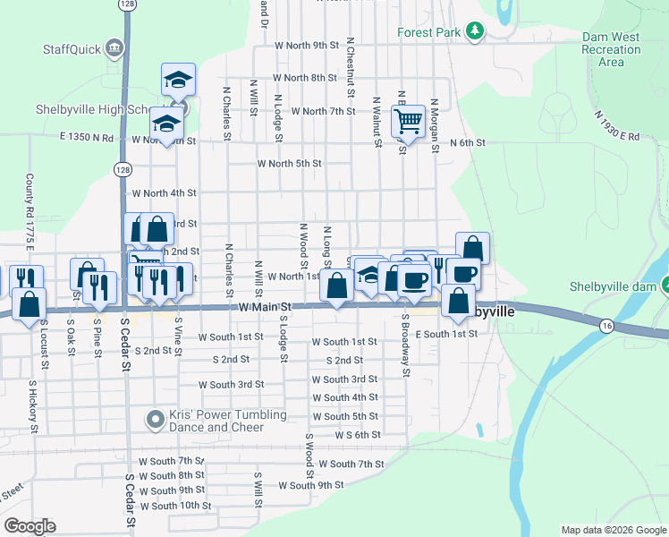 map of restaurants, bars, coffee shops, grocery stores, and more near 315 West North 1st Street in Shelbyville