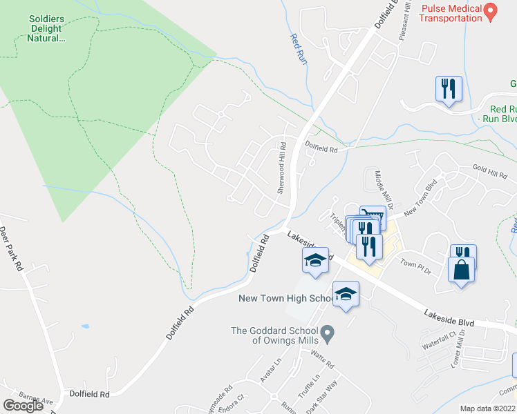 map of restaurants, bars, coffee shops, grocery stores, and more near 4741 Buxton Circle in Owings Mills