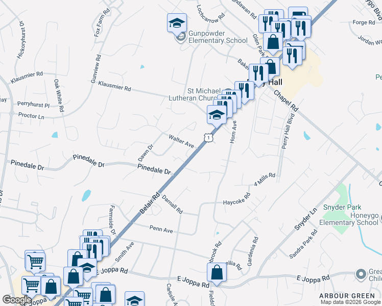 map of restaurants, bars, coffee shops, grocery stores, and more near 9440 Belair Road in Nottingham