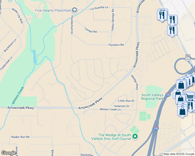 map of restaurants, bars, coffee shops, grocery stores, and more near 13375 Arrowsprings Drive in Reno