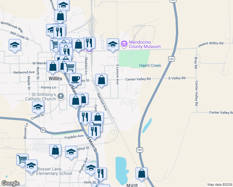 map of restaurants, bars, coffee shops, grocery stores, and more near 372 South Lenore Avenue in Willits