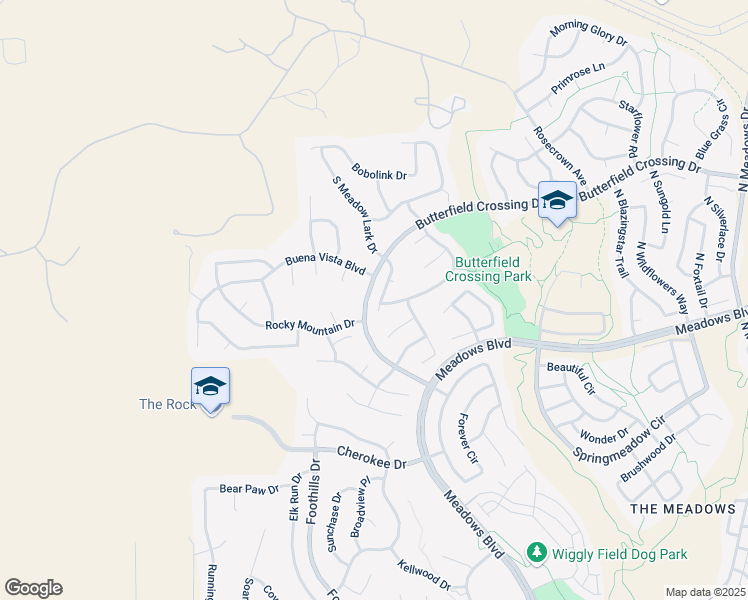 map of restaurants, bars, coffee shops, grocery stores, and more near 5995 South Meadow Lark Place in Castle Rock