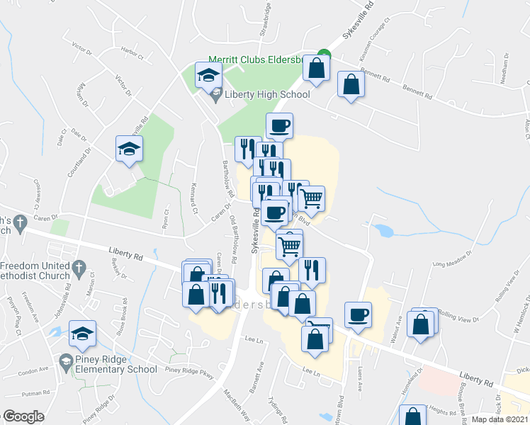 map of restaurants, bars, coffee shops, grocery stores, and more near 1311 Londontown Boulevard in Eldersburg
