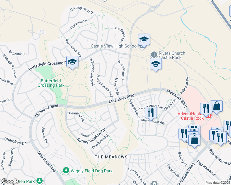map of restaurants, bars, coffee shops, grocery stores, and more near 4607 North Foxtail Drive in Castle Rock