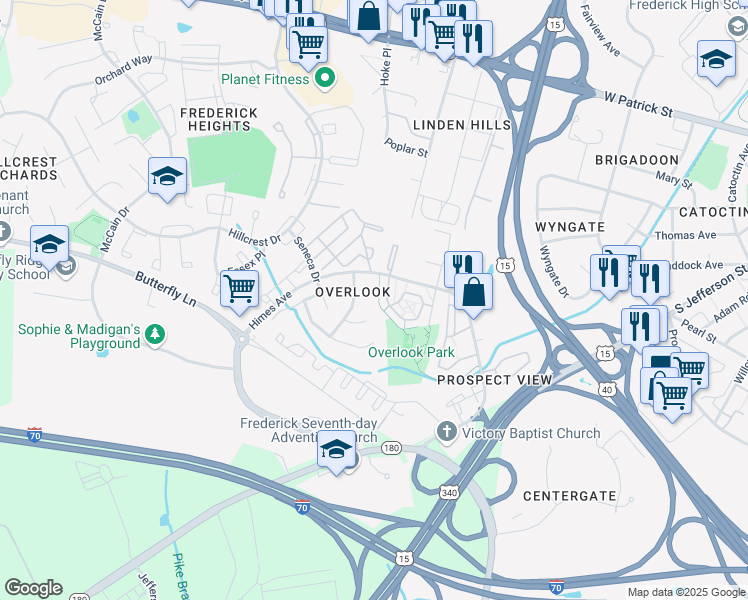 map of restaurants, bars, coffee shops, grocery stores, and more near 1000 Snowberry Way in Frederick