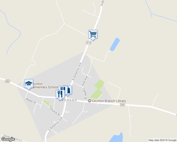 map of restaurants, bars, coffee shops, grocery stores, and more near 223 Ariel Avenue in Earleville