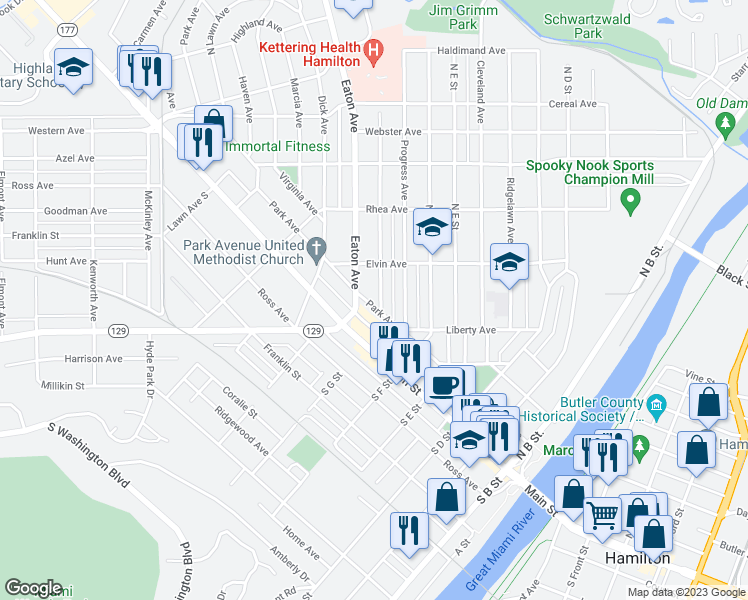 map of restaurants, bars, coffee shops, grocery stores, and more near 602 Park Avenue in Hamilton