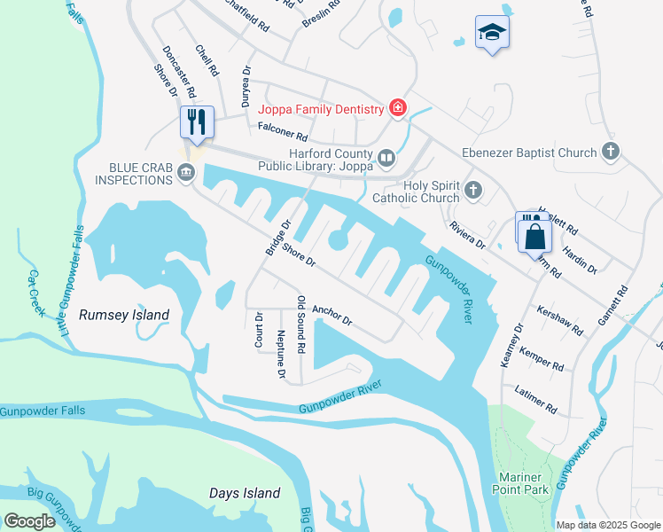 map of restaurants, bars, coffee shops, grocery stores, and more near 647A Shore Drive in Joppatowne