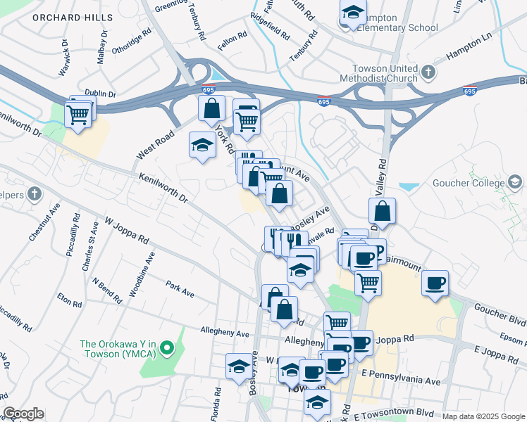 map of restaurants, bars, coffee shops, grocery stores, and more near 908 York Road in Towson