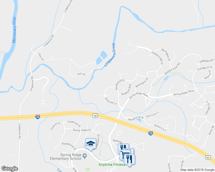 map of restaurants, bars, coffee shops, grocery stores, and more near 8866 Briarcliff Lane in Frederick