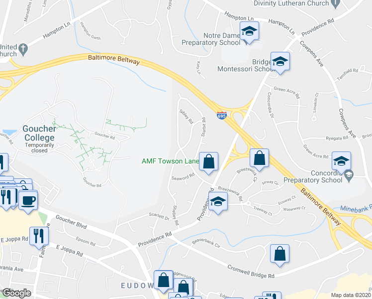map of restaurants, bars, coffee shops, grocery stores, and more near 811 Southwick Drive in Towson