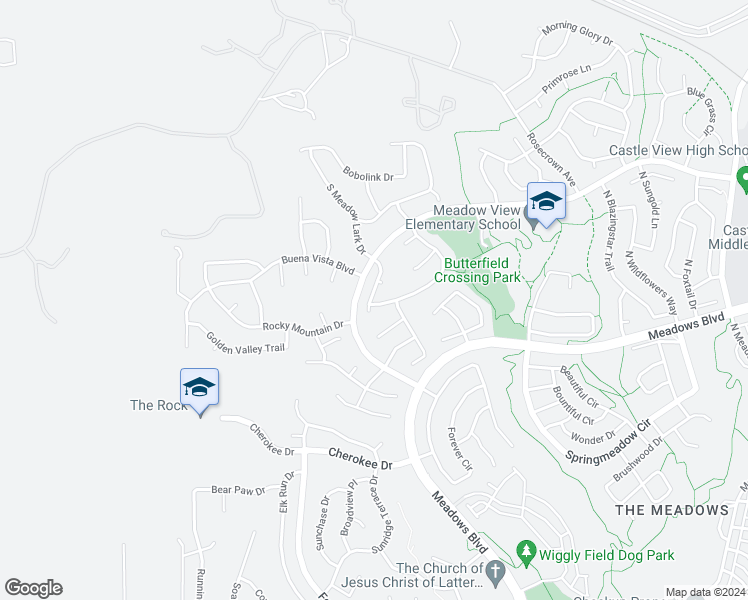 map of restaurants, bars, coffee shops, grocery stores, and more near 5991 South Rock Creek Drive in Castle Rock