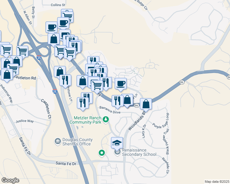 map of restaurants, bars, coffee shops, grocery stores, and more near 5010 Founders Parkway in Castle Rock