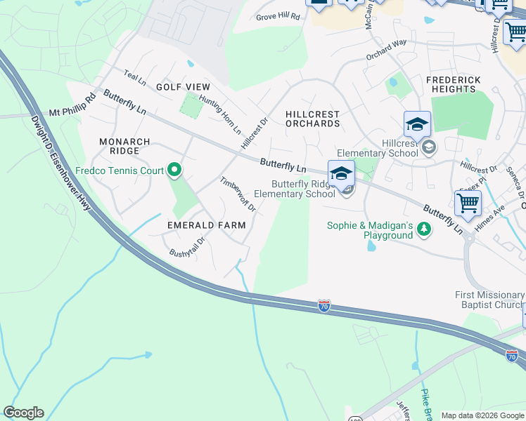 map of restaurants, bars, coffee shops, grocery stores, and more near 610 Humberson Lane in Frederick