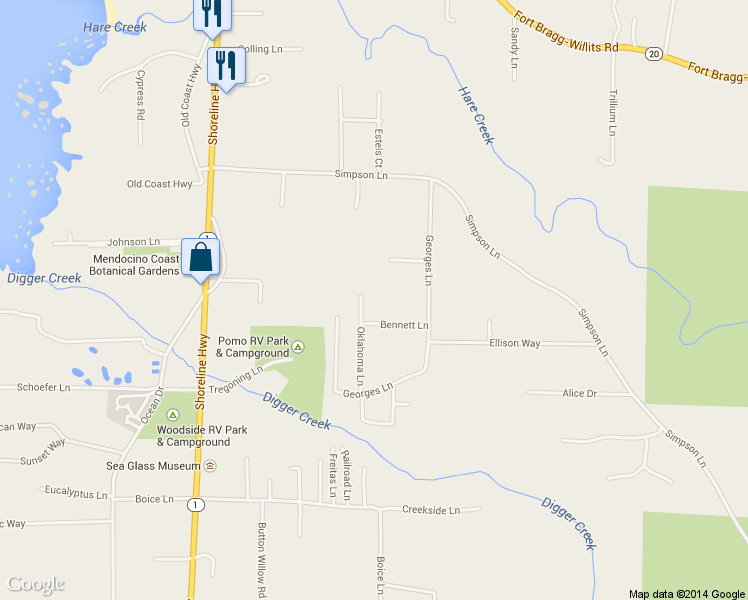 map of restaurants, bars, coffee shops, grocery stores, and more near 18221 Oklahoma Lane in Fort Bragg