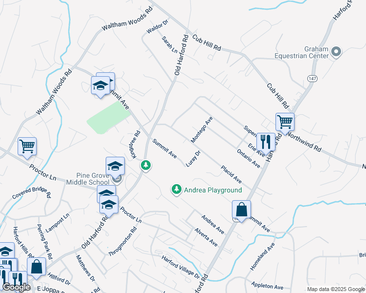 map of restaurants, bars, coffee shops, grocery stores, and more near 2717 Placid Avenue in Parkville