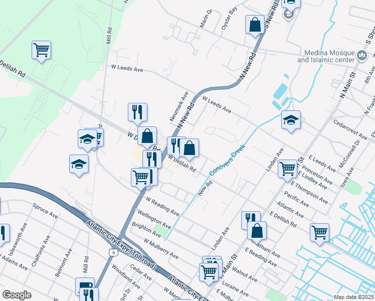 map of restaurants, bars, coffee shops, grocery stores, and more near 250 Sassafras Run in Pleasantville