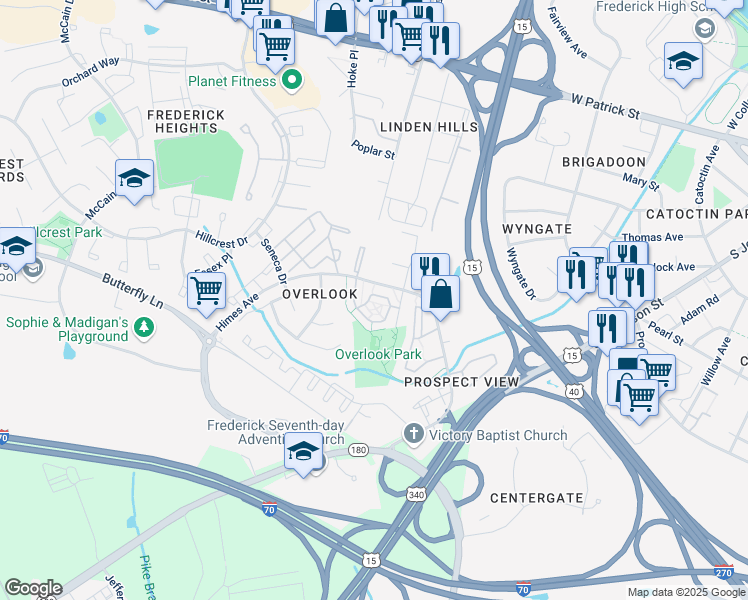 map of restaurants, bars, coffee shops, grocery stores, and more near 607 Eisenhower Drive in Frederick