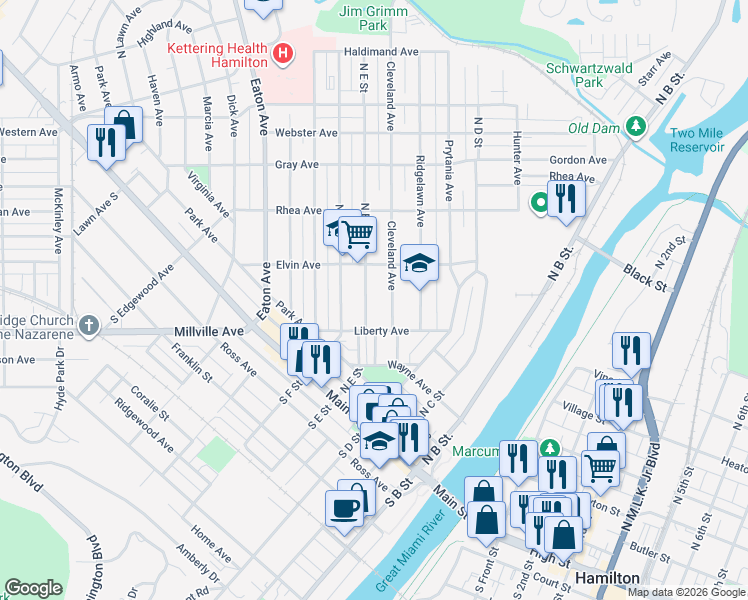 map of restaurants, bars, coffee shops, grocery stores, and more near 369 Cleveland Avenue in Hamilton