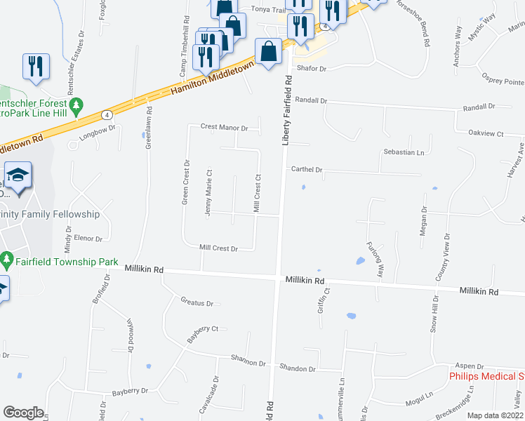 map of restaurants, bars, coffee shops, grocery stores, and more near 4160 Hickory Glen Drive in Hamilton