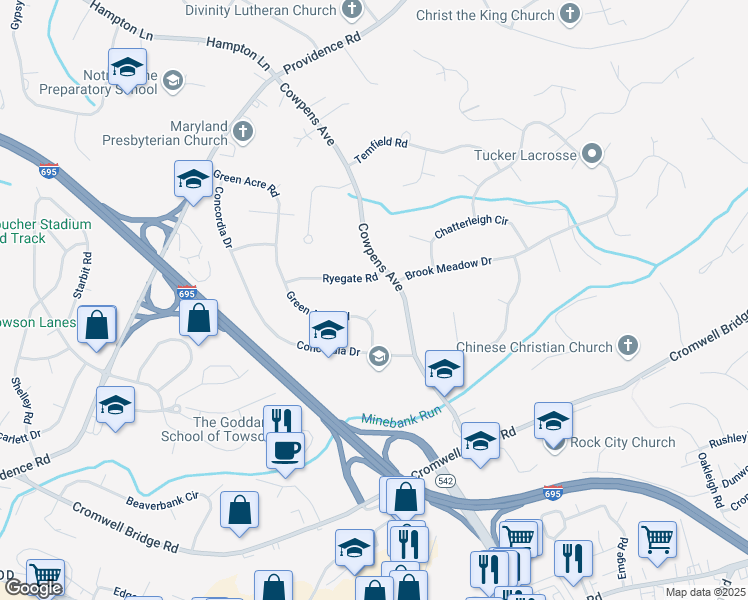 map of restaurants, bars, coffee shops, grocery stores, and more near 2 Glenluce Court in Towson