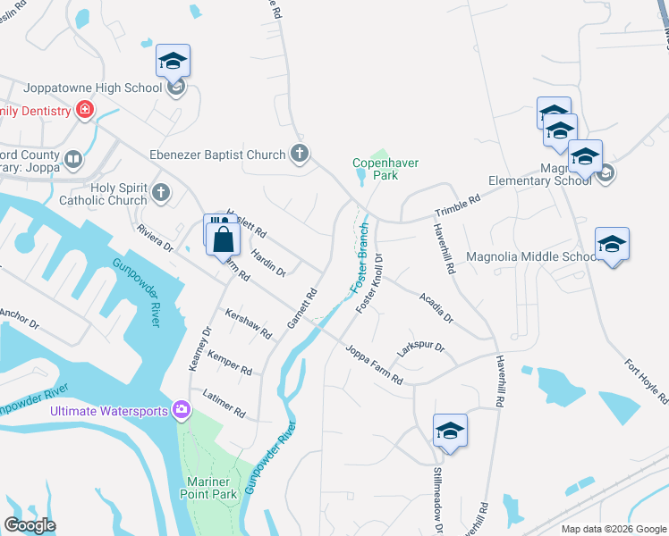 map of restaurants, bars, coffee shops, grocery stores, and more near 403 Garnett Road in Harford County