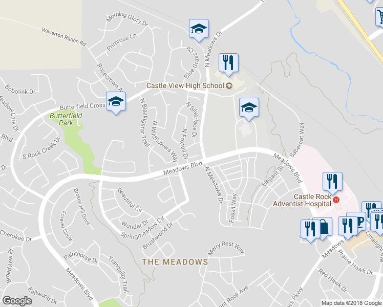 map of restaurants, bars, coffee shops, grocery stores, and more near 3169 West Calypso Court in Castle Rock