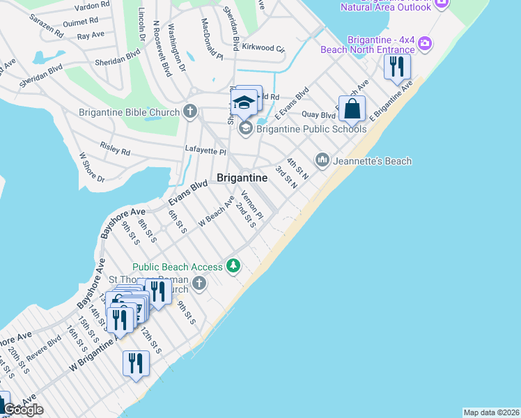 map of restaurants, bars, coffee shops, grocery stores, and more near 217 Vernon Place in Brigantine