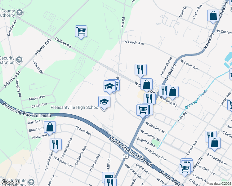 map of restaurants, bars, coffee shops, grocery stores, and more near 801 Mill Road in Pleasantville