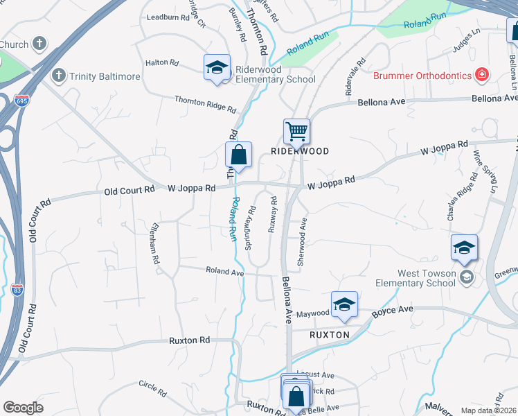 map of restaurants, bars, coffee shops, grocery stores, and more near 7921 Springway Road in Towson