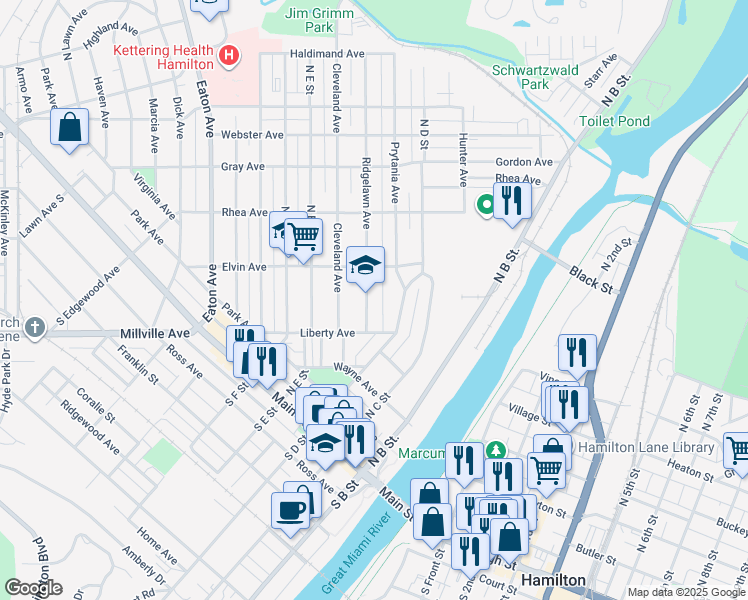 map of restaurants, bars, coffee shops, grocery stores, and more near 451 Ridgelawn Avenue in Hamilton