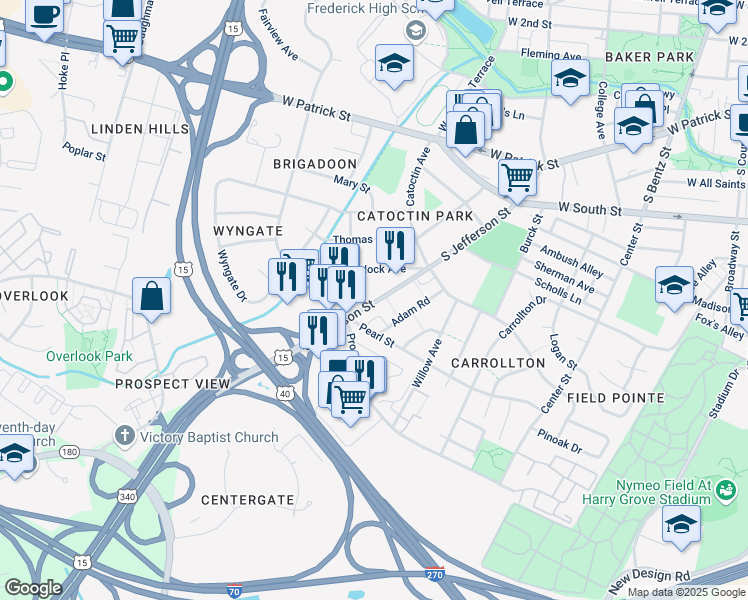map of restaurants, bars, coffee shops, grocery stores, and more near 331 South Jefferson Street in Frederick