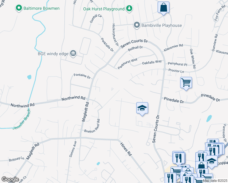 map of restaurants, bars, coffee shops, grocery stores, and more near 9900 Walther Boulevard in Parkville